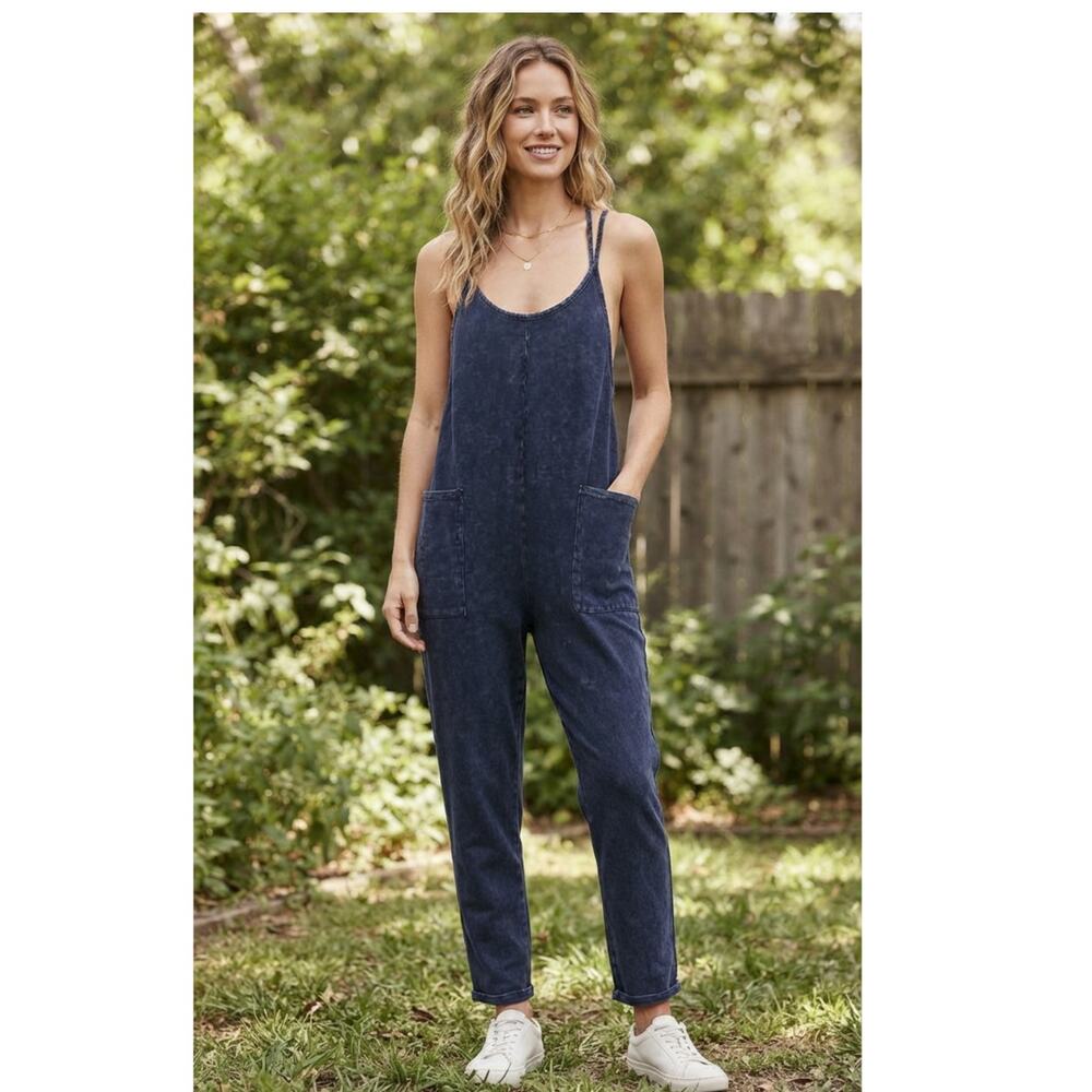 SOZY Soft + Cozy Mineral Wash Blue Knit Overall Jumpsuit Romper Y2K 90s S